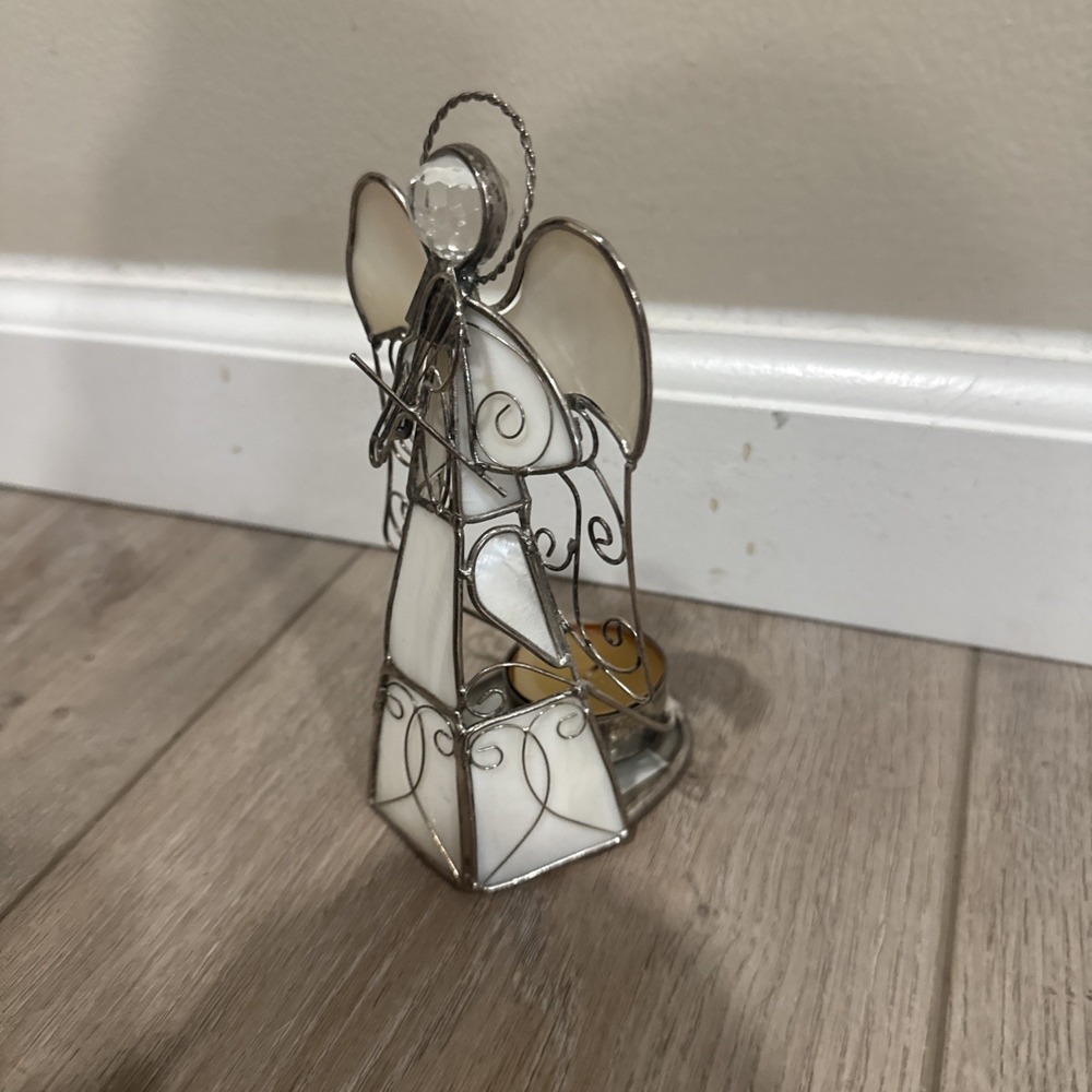 Stained Glass Angel Tea Light Candle Holder Gold & White Violin Holiday‎